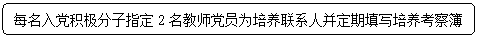 圆角矩形: 每名入党积极分子指定2名教师党员为培养联系人并定期填写培养考察簿